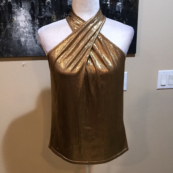 Shiny Gold Sleeveless Crisscross Halter Top High Neckline Button Closure-S - Picture 1 of 9